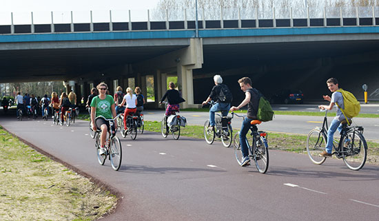 A wide two-way cycleway in the Netherlands, with dozens of peopel riding along it. It passes comfortably under a road bridge in the middle distance.